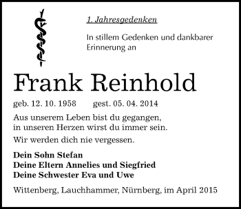 Traueranzeige von Frank Reinhold von Mitteldeutsche Zeitung Wittenberg