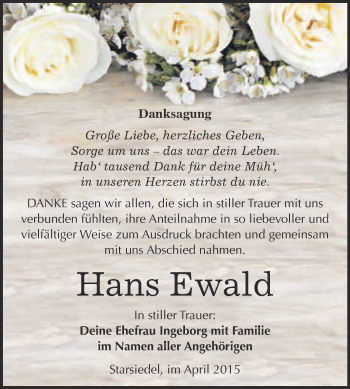 Traueranzeige von Hans Ewald von Super Sonntag Merseburg