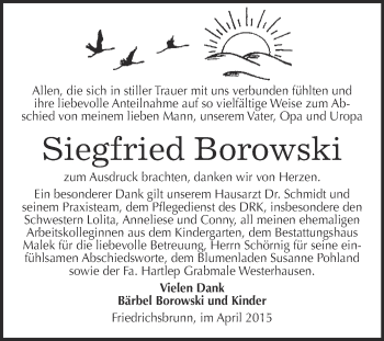 Traueranzeige von Siegfried Borowski von WVG - Wochenspiegel Quedlinburg