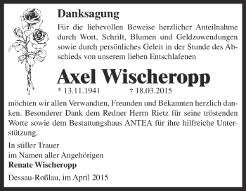 Traueranzeige von Axel Wischeropp von WVG - Wochenspiegel Dessau / Köthen