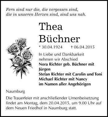 Traueranzeige von Thea Büchner von Mitteldeutsche Zeitung Naumburg/Nebra