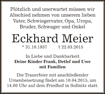 Traueranzeige von Eckhard Meier von WVG - Wochenspiegel Dessau / Köthen