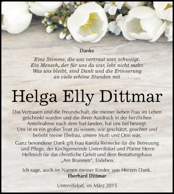 Traueranzeige von Helga Elly Dittmar von Wochenspiegel Mansfelder Land