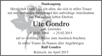 Traueranzeige von Ute Gondro von WVG - Wochenspiegel Bitterfeld
