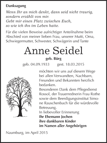 Traueranzeige von Anne Seidel von WVG - Wochenspiegel NMB / WSF / ZTZ
