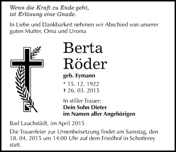 Traueranzeige von Berta Röder von Mitteldeutsche Zeitung Merseburg/Querfurt