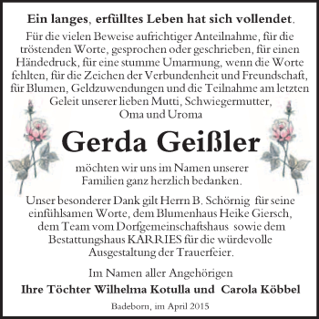 Traueranzeige von Gerda Geißler von WVG - Wochenspiegel Quedlinburg