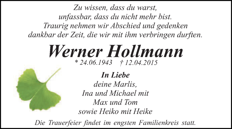  Traueranzeige für Werner Hollmann vom 26.04.2015 aus WVG - Wochenspiegel Dessau / Köthen