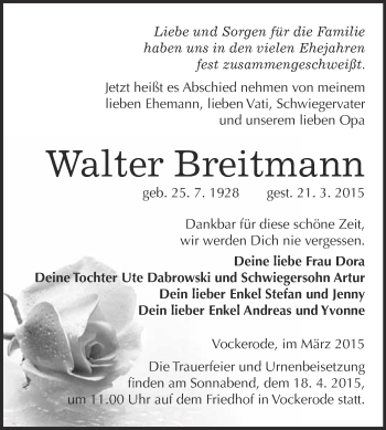 Traueranzeige von Walter Breitmann von WVG - Wochenspiegel Wittenberg