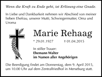 Traueranzeige von Marie Rehaag von Mitteldeutsche Zeitung Merseburg/Querfurt