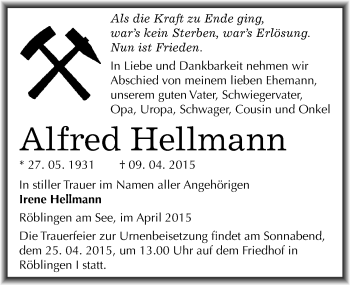 Traueranzeige von Alfred Hellmann von Mitteldeutsche Zeitung Mansfelder Land