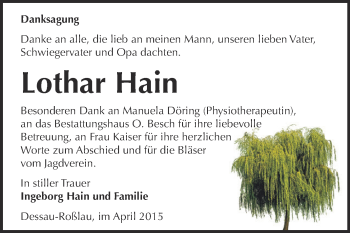 Traueranzeige von Lothar Hain von WVG - Wochenspiegel Dessau / Köthen