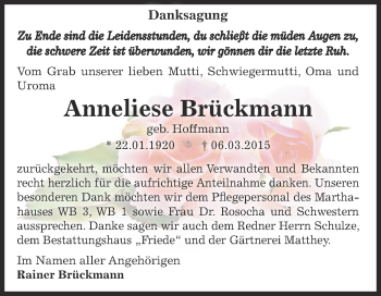 Traueranzeige von Anneliese Brückmann von WVG - Wochenspiegel Dessau / Köthen