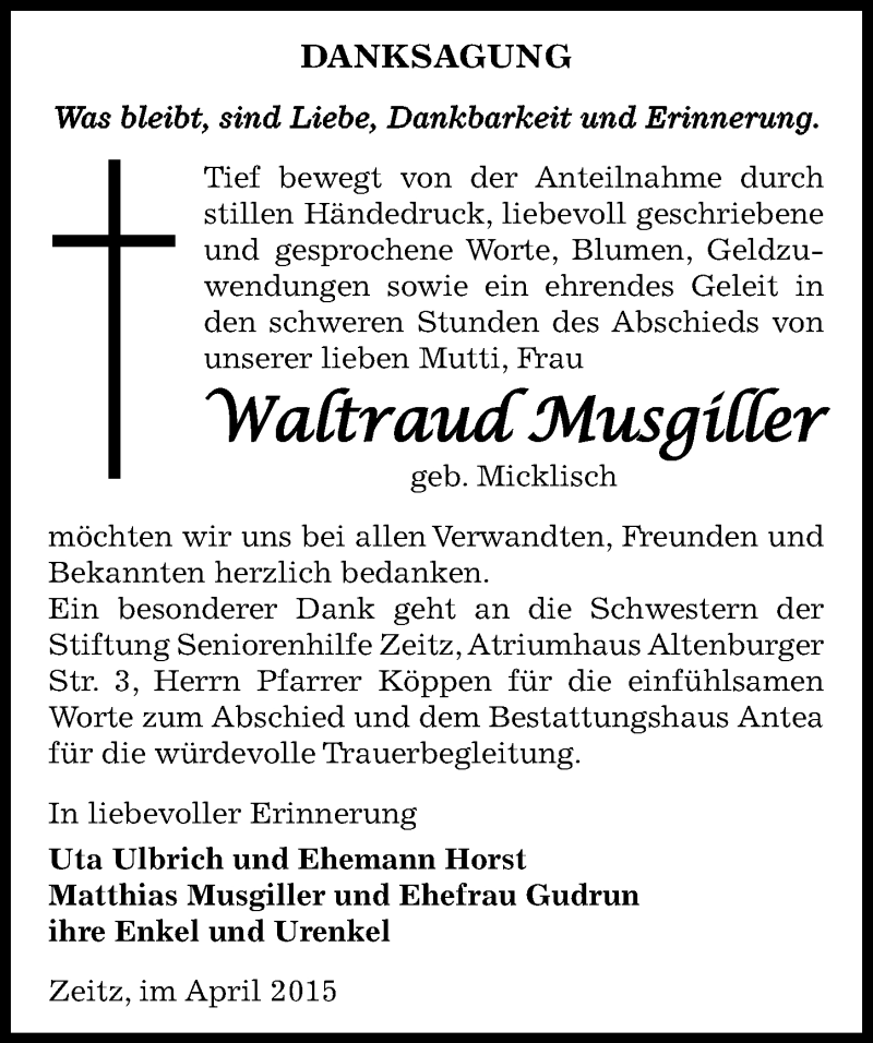  Traueranzeige für Waltraud Musgiller vom 25.04.2015 aus Mitteldeutsche Zeitung Zeitz
