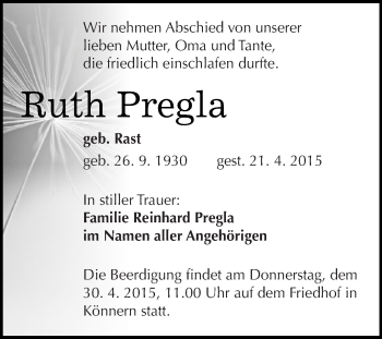 Traueranzeige von Ruth Pregla von Super Sonntag Bernburg