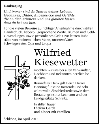 Traueranzeige von Wilfried Kiesewetter von Mitteldeutsche Zeitung Wittenberg