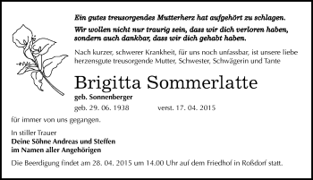 Traueranzeige von Brigitta Sommerlatte von Mitteldeutsche Zeitung Bitterfeld
