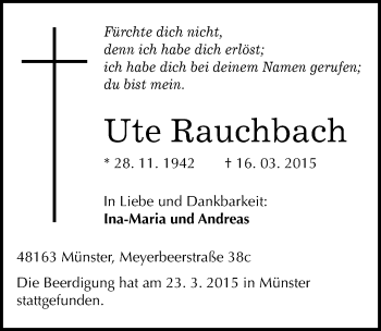 Traueranzeige von Ute Rauchbach von Mitteldeutsche Zeitung Naumburg/Nebra