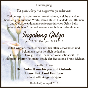 Traueranzeige von Ingeborg Götze von Super Sonntag SGH Mansf. Land