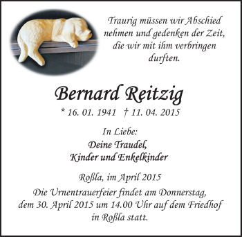 Traueranzeige von Bernard Reitzig von Mitteldeutsche Zeitung Sangerhausen