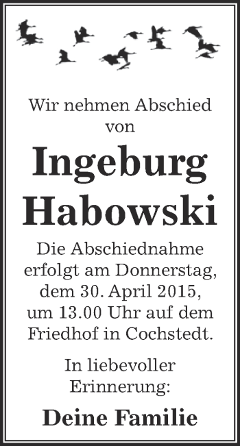 Traueranzeige von Ingeburg Habowski von Super Sonntag Aschersleben
