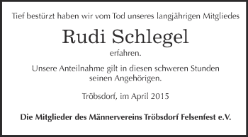 Traueranzeige von Rudi Schlegel von WVG - Wochenspiegel NMB / WSF / ZTZ