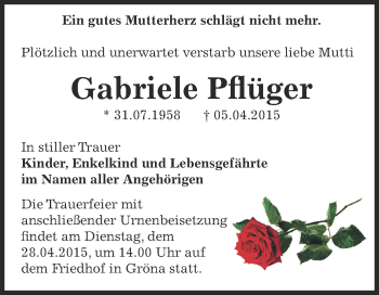 Traueranzeige von Gabriele Pflüger von Super Sonntag Bernburg