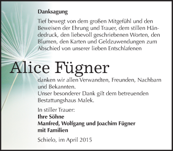 Traueranzeige von Alice Fügner von Mitteldeutsche Zeitung Quedlinburg