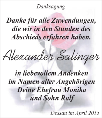 Traueranzeige von Alexander Salinger von WVG - Wochenspiegel Dessau / Köthen