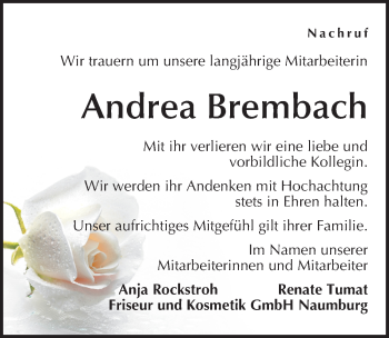 Traueranzeige von Andrea Brembach von Mitteldeutsche Zeitung Naumburg/Nebra