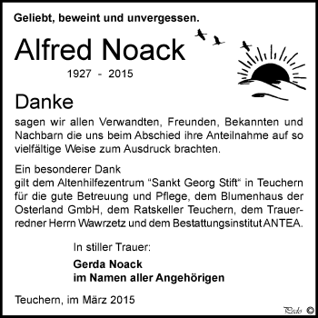 Traueranzeige von Alfred Noack von WVG - Wochenspiegel NMB / WSF / ZTZ