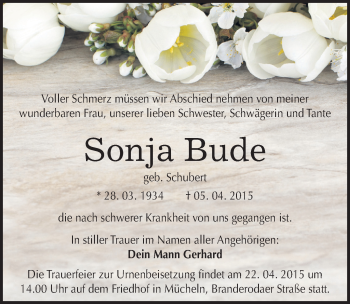 Traueranzeige von Sonja Bude von Mitteldeutsche Zeitung Merseburg/Querfurt