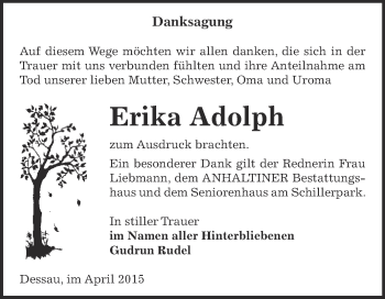 Traueranzeige von Erika Adolph von WVG - Wochenspiegel Dessau / Köthen