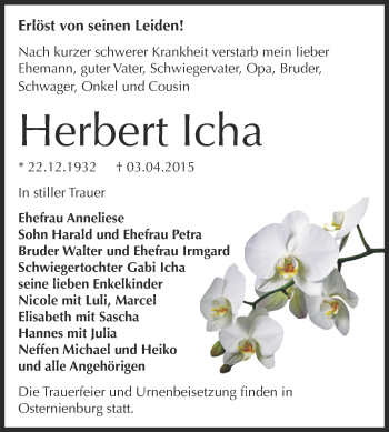 Traueranzeige von Herbert Icha von WVG - Wochenspiegel Dessau / Köthen