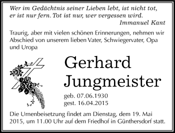 Traueranzeige von Gerhard Jungmeister von Mitteldeutsche Zeitung Merseburg/Querfurt