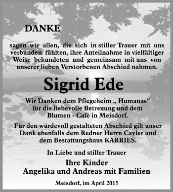 Traueranzeige von Sigrid Ede von WVG - Wochenspiegel Quedlinburg