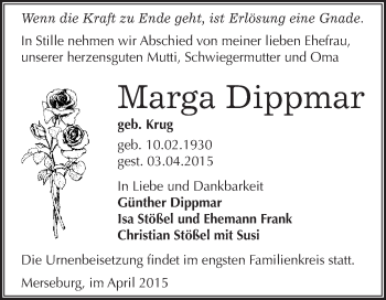 Traueranzeige von Marga Dippmar von WVG - Wochenspiegel Merseburg