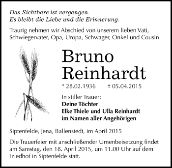 Traueranzeige von Bruno Reinhardt von Mitteldeutsche Zeitung Quedlinburg