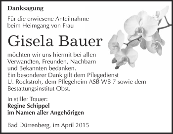 Traueranzeige von Gisela Bauer von Super Sonntag Merseburg