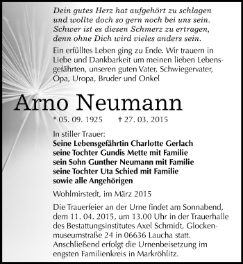 Traueranzeige von Arno Neumann von Mitteldeutsche Zeitung Naumburg/Nebra