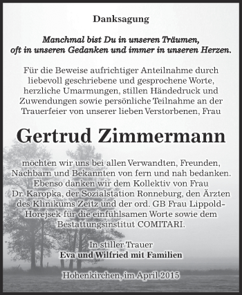 Traueranzeige von Gertrud Zimmermann von Super Sonntag Zeitz