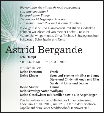 Traueranzeige von Astrid Bergande von Mitteldeutsche Zeitung Mansfelder Land