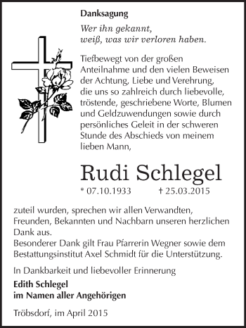 Traueranzeige von Rudi Schlegel von WVG - Wochenspiegel NMB / WSF / ZTZ