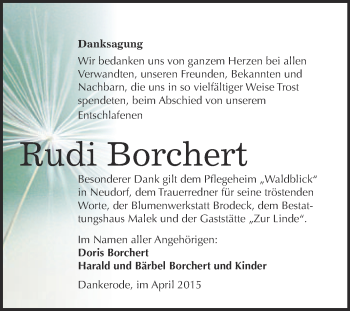 Traueranzeige von Rudi Borchert von WVG - Wochenspiegel Quedlinburg