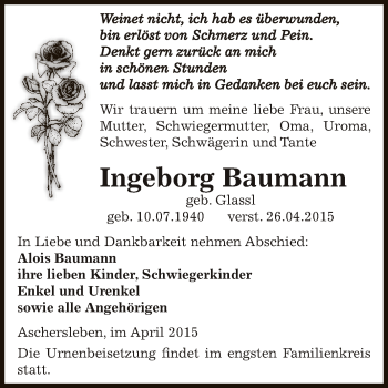 Traueranzeige von Ingeborg Baumann von Super Sonntag Aschersleben