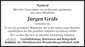 Traueranzeige von Jürgen Gräfe von WVG - Wochenspiegel NMB / WSF / ZTZ