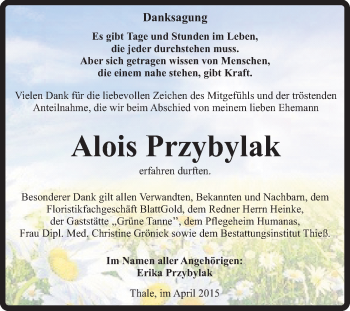 Traueranzeige von Alois Przybylak von Super Sonntag Quedlinburg