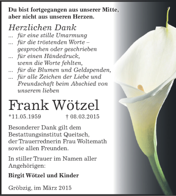 Traueranzeige von Frank Wötzel von WVG - Wochenspiegel Dessau / Köthen