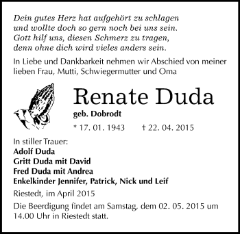 Traueranzeige von Renate Duda von Mitteldeutsche Zeitung Sangerhausen