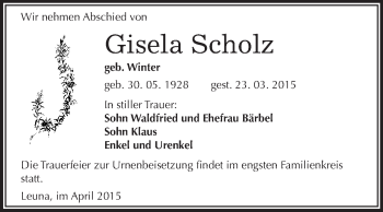 Traueranzeige von Gisela Scholz von WVG - Wochenspiegel Merseburg